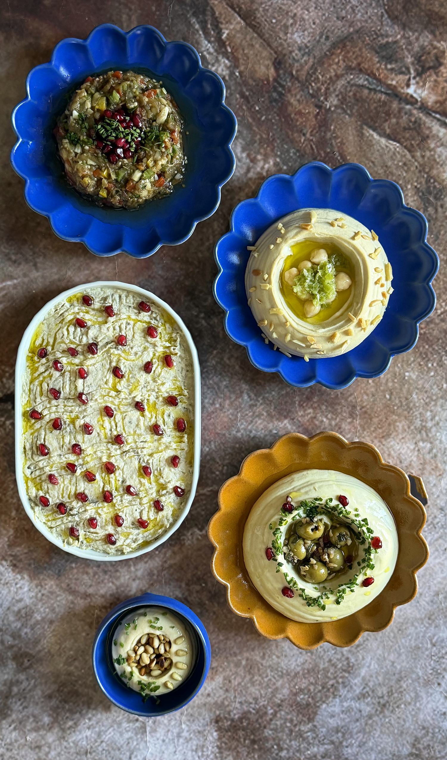 MEZZE | Hummus, mutabbal, muhammara, baba ganoush, fatteh